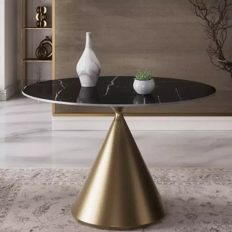 Tavolo da pranzo rotondo beige/nero 120 cm – piano in finto marmo, base a piedistallo dorata, 4 posti