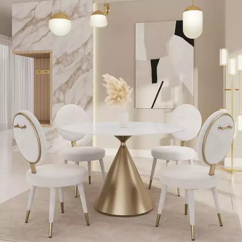 Tavolo da pranzo rotondo beige/nero 120 cm – piano in finto marmo, base a piedistallo dorata, 4 posti