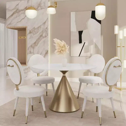 Tavolo da pranzo rotondo beige/nero 120 cm – piano in finto marmo, base a piedistallo dorata, 4 posti
