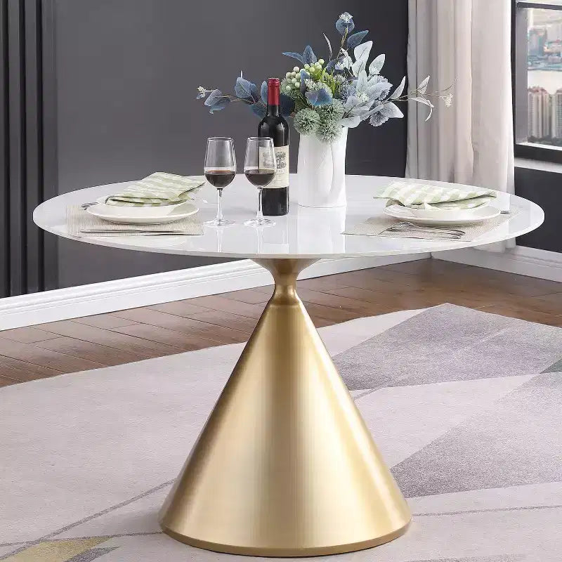 Tavolo da pranzo rotondo beige/nero 120 cm – piano in finto marmo, base a piedistallo dorata, 4 posti