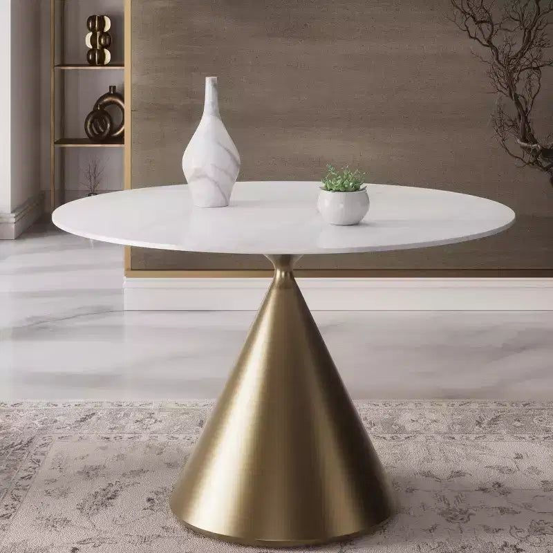 Tavolo da pranzo rotondo beige/nero 120 cm – piano in finto marmo, base a piedistallo dorata, 4 posti