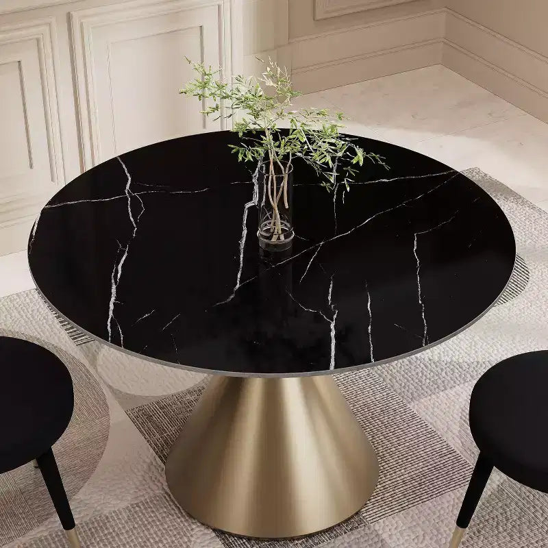 Tavolo da pranzo rotondo beige/nero 120 cm – piano in finto marmo, base a piedistallo dorata, 4 posti