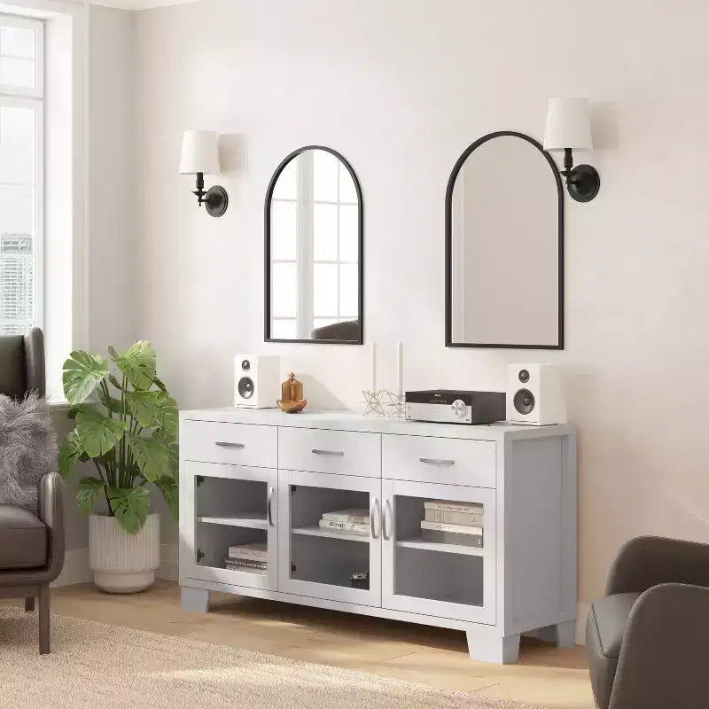 Madia Credenza Bianca / Nera con 3 Ante a Vetro e 3 Cassetti, Unità Singola