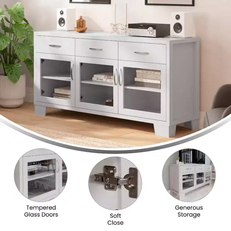 Madia Credenza Bianca / Nera con 3 Ante a Vetro e 3 Cassetti, Unità Singola