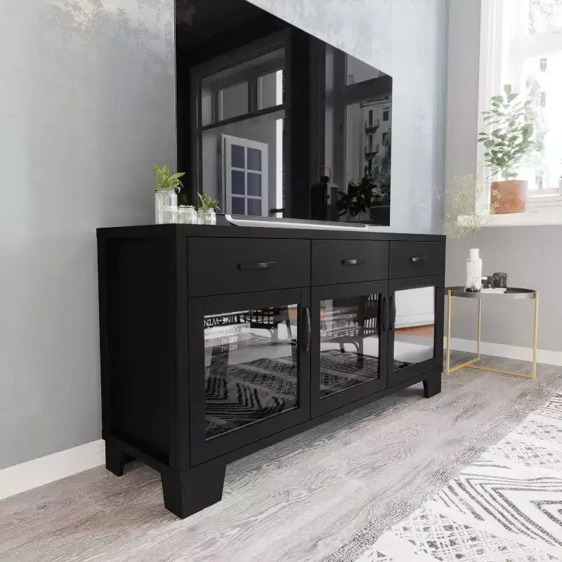 Madia Credenza Bianca / Nera con 3 Ante a Vetro e 3 Cassetti, Unità Singola