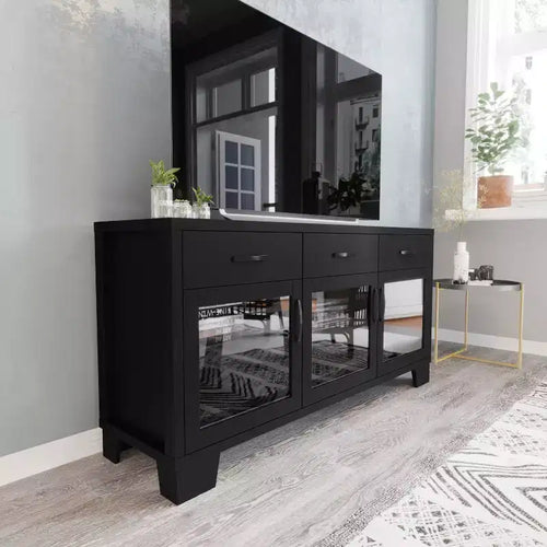 Madia Credenza Bianca / Nera con 3 Ante a Vetro e 3 Cassetti, Unità Singola