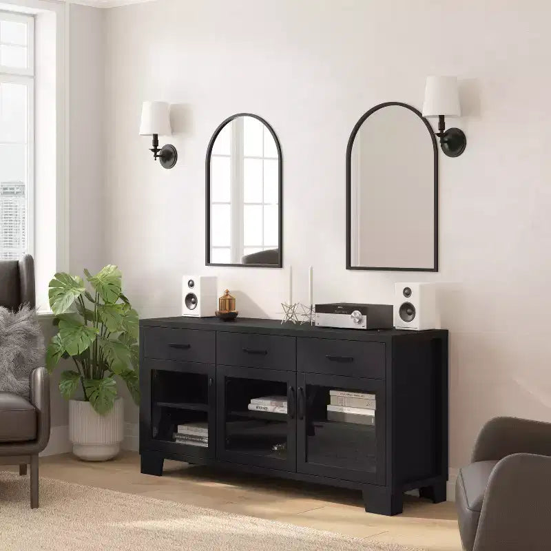 Madia Credenza Bianca / Nera con 3 Ante a Vetro e 3 Cassetti, Unità Singola