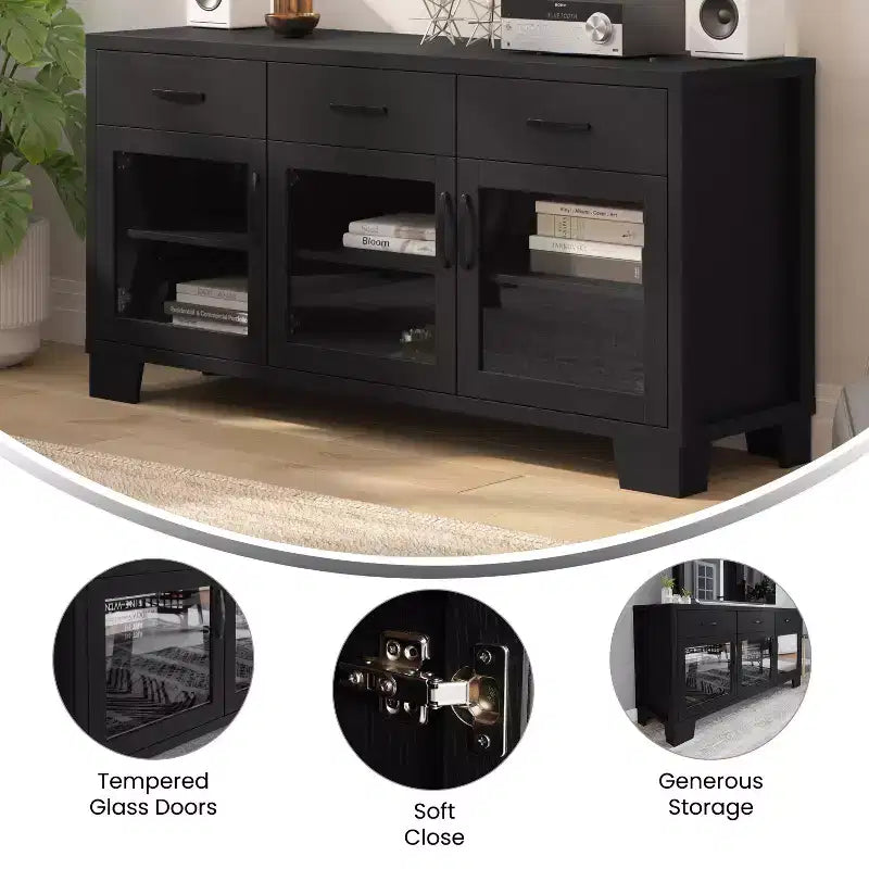 Madia Credenza Bianca / Nera con 3 Ante a Vetro e 3 Cassetti, Unità Singola