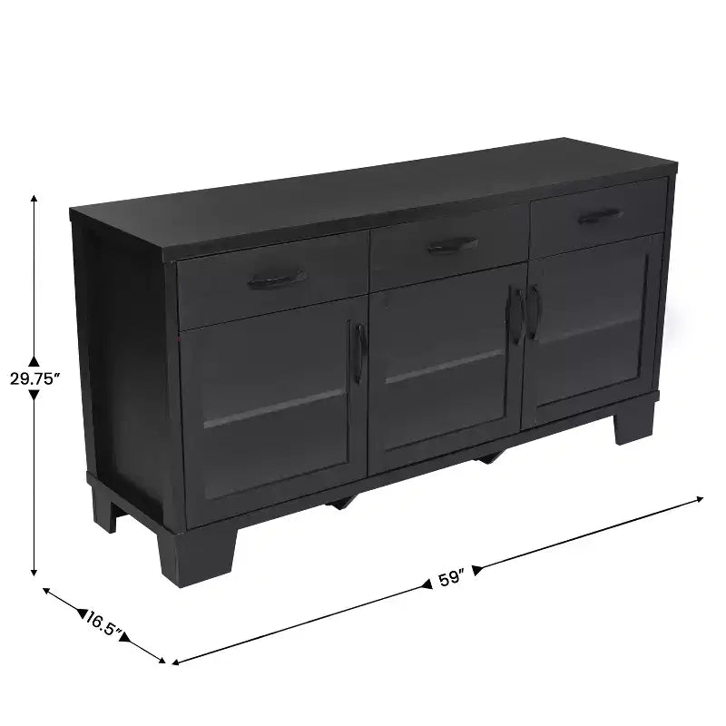 Madia Credenza Bianca / Nera con 3 Ante a Vetro e 3 Cassetti, Unità Singola