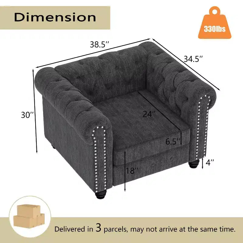 Poltrona accent Chesterfield in lino grigio, capitonné, seduta singola