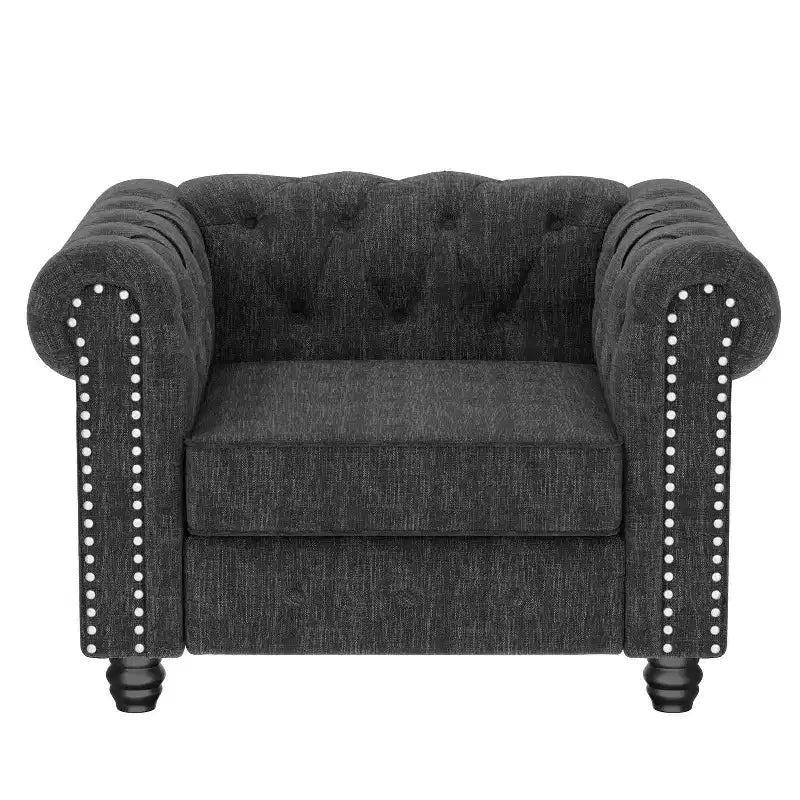 Poltrona accent Chesterfield in lino grigio, capitonné, seduta singola