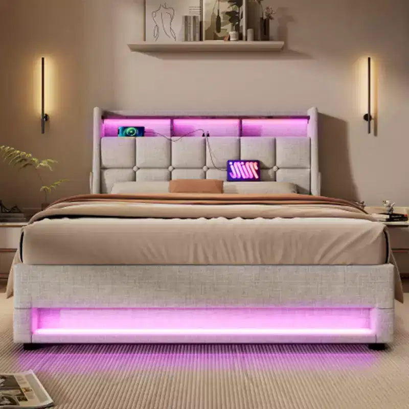 Letto a piattaforma imbottito grigio con LED e USB, per 2 persone