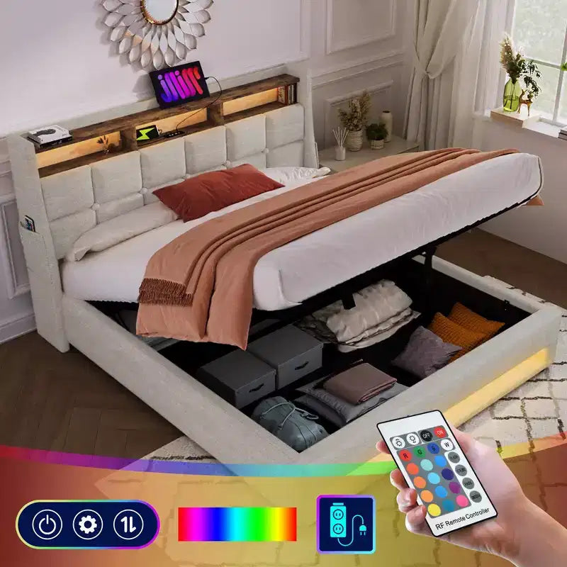 Letto a piattaforma imbottito grigio con LED e USB, per 2 persone