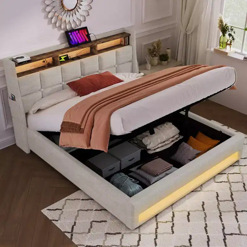 Letto a piattaforma imbottito grigio con LED e USB, per 2 persone
