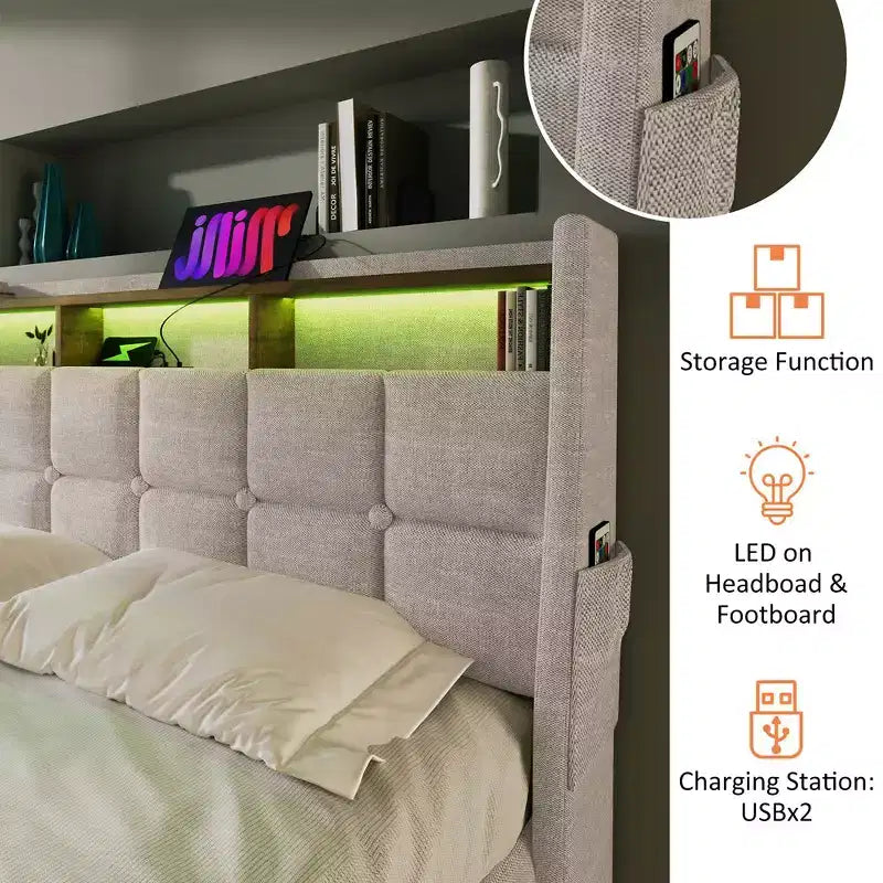 Letto a piattaforma imbottito grigio con LED e USB, per 2 persone