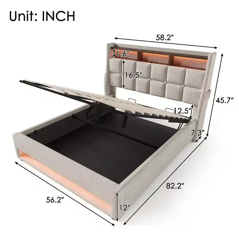 Letto a piattaforma imbottito grigio con LED e USB, per 2 persone