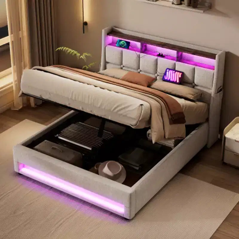Letto a piattaforma imbottito grigio con LED e USB, per 2 persone