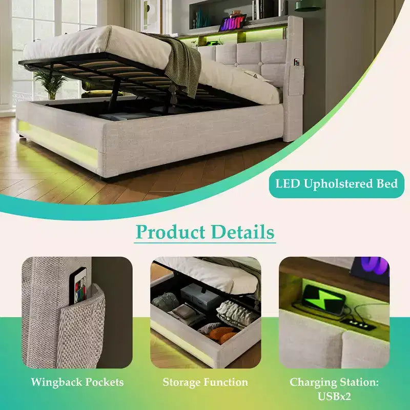 Letto a piattaforma imbottito grigio con LED e USB, per 2 persone